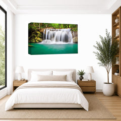 LR Teal Green Waterfall Wall Art Picture – Grey & Forest Framed Canvas Print | Ready to Hang | Modern Wall Art for Living Room, Bedroom & Office