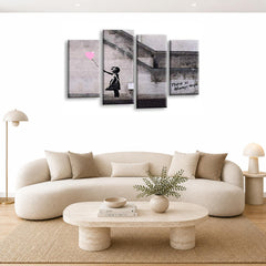 LR Banksy Wall Art Picture – Grey & Pink Graffiti Art Framed 4 Panel Split Canvas Print | Ready to Hang | Modern Wall Art for Living Room, Bedroom & Office