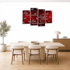 LR Live Laugh Wall Art Picture – Grey, Red & White Love Quote Framed 4 Panel Split Canvas Print | Ready to Hang | Modern Wall Art for Living Room, Bedroom & Office