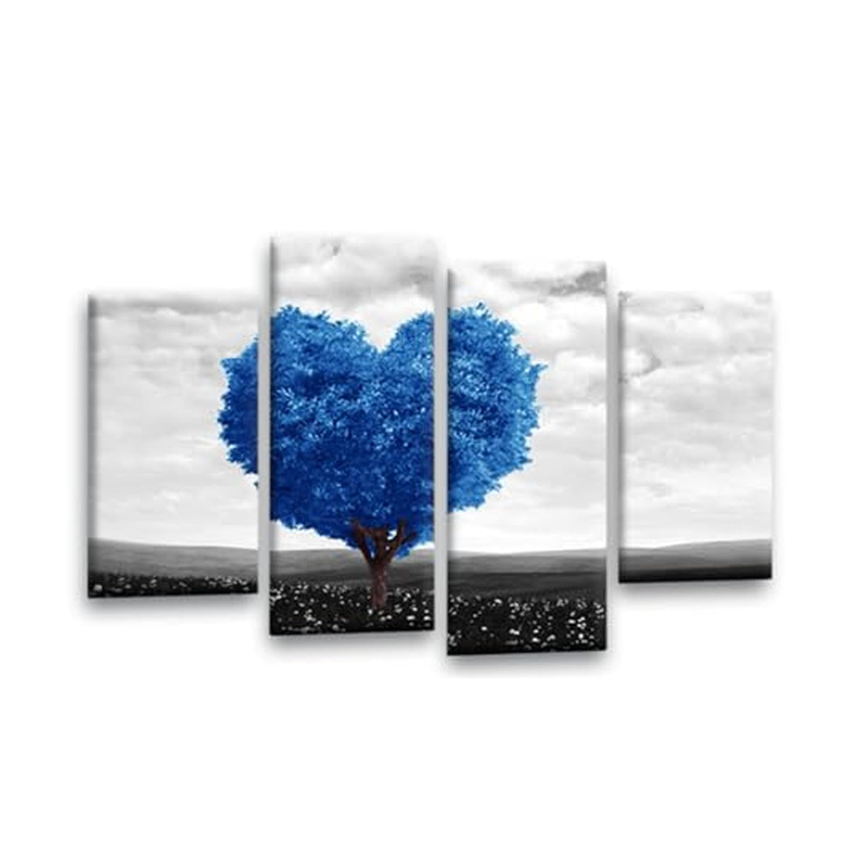 LR Floral Love Heart Wall Art Picture – Grey, Blue & White Tree Framed 4 Panel Split Canvas Print | Ready to Hang | Modern Wall Art for Living Room, Bedroom & Office