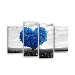 LR Floral Love Heart Wall Art Picture – Grey, Blue & White Tree Framed 4 Panel Split Canvas Print | Ready to Hang | Modern Wall Art for Living Room, Bedroom & Office