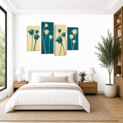 LR Floral Rose Wall Art Picture – Teal & Cream Framed 4 Panel Split Canvas Print | Ready to Hang | Modern Wall Art for Living Room, Bedroom & Office