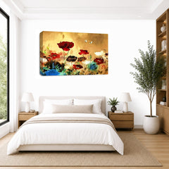 LR Floral Rose Poppy Wall Art Picture – Red & Cream Framed Canvas Print | Ready to Hang | Modern Wall Art for Living Room, Bedroom & Office