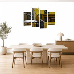 LR Abstract Wall Art Picture – Grey, White & Mustard Modern Framed 4 Panel Split Canvas Print | Ready to Hang | Modern Wall Art for Living Room, Bedroom & Office