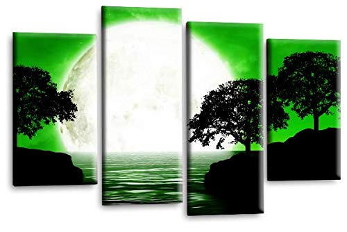 LR Landscape Canvas Wall Art Picture Black White Green Big Moon Lake Floral Framed Split Panel Canvas Print