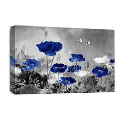 LR Grey Floral Wall Art Picture – Blue & White Poppy Framed Canvas Print | Ready to Hang | Modern Wall Art for Living Room, Bedroom & Office