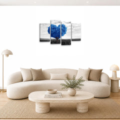 LR Floral Love Heart Wall Art Picture – Grey, Blue & White Tree Framed 4 Panel Split Canvas Print | Ready to Hang | Modern Wall Art for Living Room, Bedroom & Office