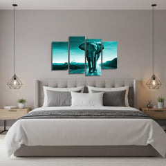 LR Elephant Sunset Wall Art Picture – Grey & Teal African Framed 4 Panel Split Canvas Print | Ready to Hang | Modern Wall Art for Living Room, Bedroom & Office