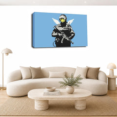 LR Banksy Copper Wall Art Picture – Grey & White Graffiti Art Framed Canvas Print | Ready to Hang | Modern Wall Art for Living Room, Bedroom & Office