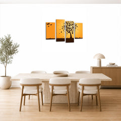 LR Floral Abstract Wall Art Picture – Grey & Orange Butterfly Framed 4 Panel Split Canvas Print | Ready to Hang | Modern Wall Art for Living Room, Bedroom & Office