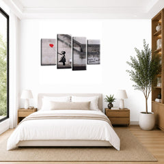 LR Banksy Heart Wall Art Picture – Grey & Red Graffiti Art Framed 4 Panel Split Canvas Print | Ready to Hang | Modern Wall Art for Living Room, Bedroom & Office