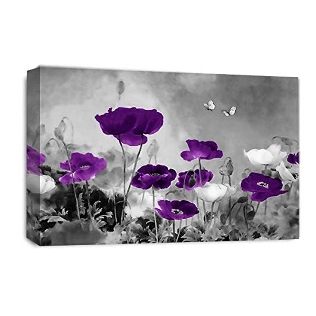 LR Grey Floral Wall Art Picture – Purple & White Poppy Framed Canvas Print | Ready to Hang | Modern Wall Art for Living Room, Bedroom & Office