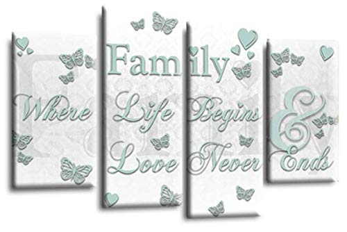 LR Family Quote Wall Art Picture – Grey, White & Duck Egg Love Framed 4 Panel Split Canvas Print | Ready to Hang | Modern Wall Art for Living Room, Bedroom & Office