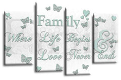 LR Family Quote Wall Art Picture – Grey, White & Duck Egg Love Framed 4 Panel Split Canvas Print | Ready to Hang | Modern Wall Art for Living Room, Bedroom & Office