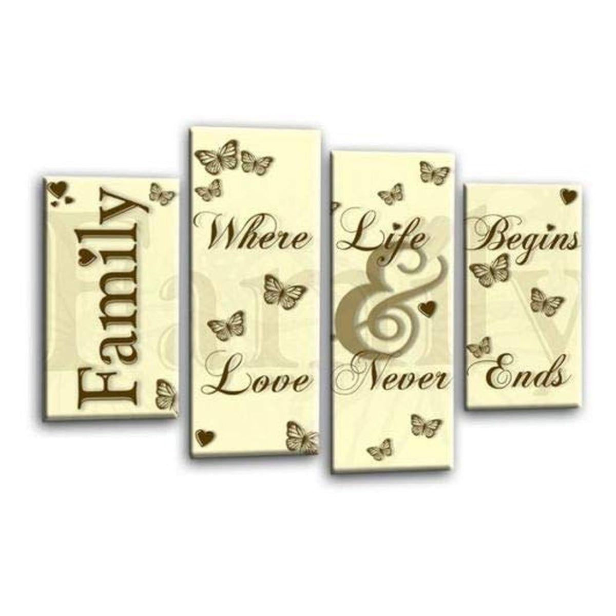 LR Family Love Quote Wall Art Picture – Cream & Brown Framed 4 Panel Split Canvas Print | Ready to Hang | Modern Wall Art for Living Room, Bedroom & Office