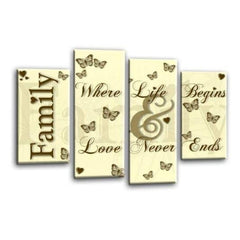 LR Family Love Quote Wall Art Picture – Cream & Brown Framed 4 Panel Split Canvas Print | Ready to Hang | Modern Wall Art for Living Room, Bedroom & Office