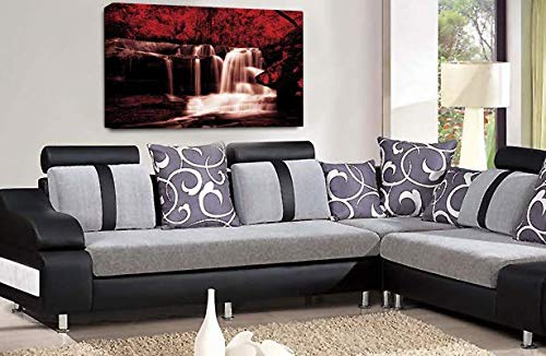 LR Waterfall Wall Art Canvas Picture Red Forest Landscape Grey White Framed Canvas Print Ready to Hang