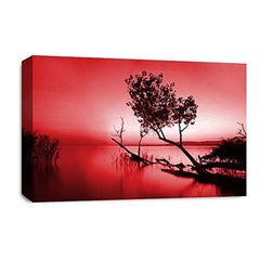 LR Seascape Landscape Sunset Wall Art Picture – Grey & Red Framed Canvas Print | Ready to Hang | Modern Wall Art for Living Room, Bedroom & Office