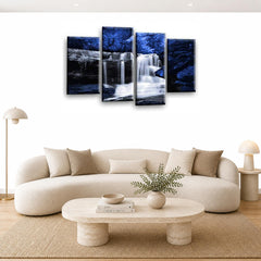 LR Blue Waterfall Wall Art Picture – Black & White Forest Framed 4 Panel Split Canvas Print | Ready to Hang | Modern Wall Art for Living Room, Bedroom & Office