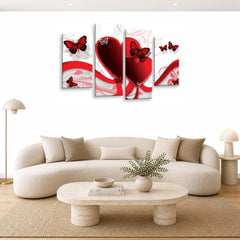 LR Butterfly Heart Wall Art Picture – Red & White Floral Abstract Framed 4 Panel Split Canvas Print | Ready to Hang | Modern Wall Art for Living Room, Bedroom & Office