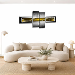LR Yellow Grey Abstract Wall Art Picture – Black Modern Framed 4 Panel Split Canvas Print | Ready to Hang | Modern Wall Art for Living Room, Bedroom & Office