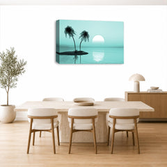 LR Sunset Beach Wall Art Picture – Duck Egg Seascape Framed Canvas Print | Ready to Hang | Modern Wall Art for Living Room, Bedroom & Office