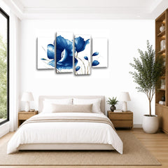 LR Blue Floral Wall Art Picture Framed 4 Panel Split Canvas Print | Ready to Hang | Modern Wall Art for Living Room, Bedroom & Office
