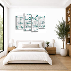 LR Love Quote Wall Art Picture – Grey, Teal & White Framed 4 Panel Split Canvas Print | Ready to Hang | Modern Wall Art for Living Room, Bedroom & Office