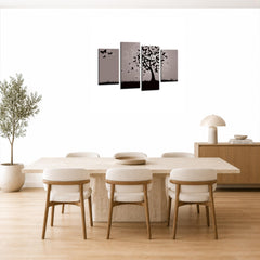 LR Floral Abstract Wall Art Picture – Grey & Black Butterfly Framed 4 Panel Split Canvas Print | Ready to Hang | Modern Wall Art for Living Room, Bedroom & Office