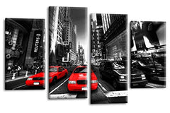LR New York Taxi Wall Art Picture – Grey, Red & Black Skyline Framed 4 Panel Split Canvas Print | Ready to Hang | Modern Wall Art for Living Room, Bedroom & Office