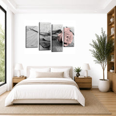 LR Floral Pink Rose Wall Art Picture – Grey & White Framed 4 Panel Split Canvas Print | Ready to Hang | Modern Wall Art for Living Room, Bedroom & Office