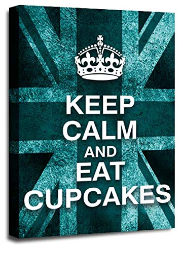 LR Keep Calm Wall Art Canvas Picture Eat Cupcakes Teal White Union Jack Home Framed Panel Print Ready to Hang