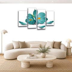 LR Floral Rose Wall Art Picture – Teal & White Framed 4 Panel Split Canvas Print | Ready to Hang | Modern Wall Art for Living Room, Bedroom & Office