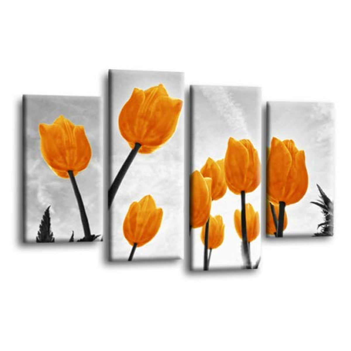 LR Floral Rose Tulip Wall Art Picture – Grey & Orange Framed 4 Panel Split Canvas Print | Ready to Hang | Modern Wall Art for Living Room, Bedroom & Office