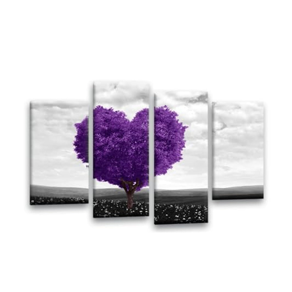 LR Floral Love Heart Wall Art Picture – Purple & Grey Tree Framed 4 Panel Split Canvas Print | Ready to Hang | Modern Wall Art for Living Room, Bedroom & Office