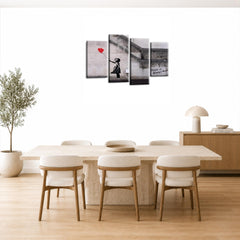 LR Banksy Heart Wall Art Picture – Grey & Red Graffiti Art Framed 4 Panel Split Canvas Print | Ready to Hang | Modern Wall Art for Living Room, Bedroom & Office