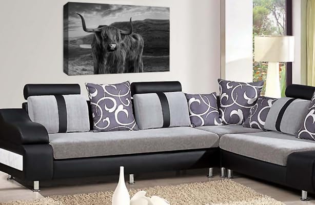 LR Highland Stag Cow Canvas Wall Art Picture Scottish Animal Framed Panel Print Ready to Hang Black White
