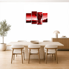 LR Elephant Sunset Wall Art Picture – Grey & Red African Framed 4 Panel Split Canvas Print | Ready to Hang | Modern Wall Art for Living Room, Bedroom & Office