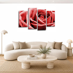 LR Wall Art Floral Red Rose Artwork Set of 4 Wall Art Picture Framed 4 Panel Split Canvas Print | Ready to Hang | Modern Wall Art for Living Room, Bedroom & Office
