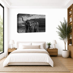 LR Highland Stag Cow Wall Art Picture – Black & White Framed Canvas Print | Ready to Hang | Modern Wall Art for Living Room, Bedroom & Office