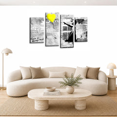 LR Banksy Heart Wall Art Picture – Grey & Yellow Graffiti Art Framed 4 Panel Split Canvas Print | Ready to Hang | Modern Wall Art for Living Room, Bedroom & Office