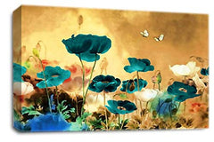 LR Floral Rose Poppy Wall Art Picture Cream Teal Chinese Flower Framed Canvas Print Ready to Hang