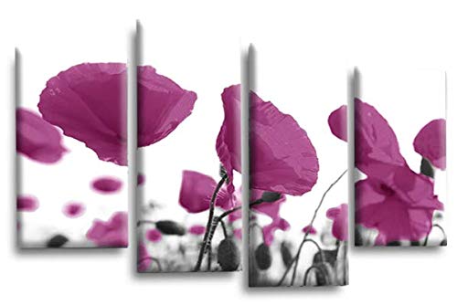 LR Floral Rose Poppy Wall Art Picture – Purple & White Framed 4 Panel Split Canvas Print | Ready to Hang | Modern Wall Art for Living Room, Bedroom & Office