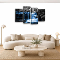 LR Forest Waterfall Wall Art Picture – Grey, Blue & Black Framed 4 Panel Split Canvas Print | Ready to Hang | Modern Wall Art for Living Room, Bedroom & Office