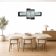 LR Abstract Wall Art Picture – Black, White & Duck Egg Modern Framed 4 Panel Split Canvas Print | Ready to Hang | Modern Wall Art for Living Room, Bedroom & Office