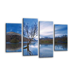 LR Landscape Lake Wall Art Picture – Blue & Brown Floral Framed 4 Panel Split Canvas Print | Ready to Hang | Modern Wall Art for Living Room, Bedroom & Office