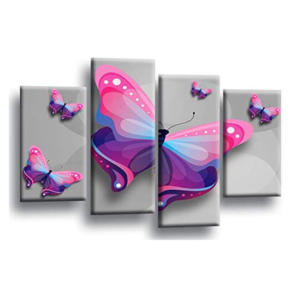 LR Butterfly Heart Wall Art Picture – Grey & Pink Floral Abstract Framed 4 Panel Split Canvas Print | Ready to Hang | Modern Wall Art for Living Room, Bedroom & Office