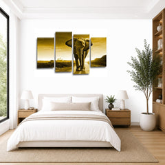 LR Elephant Sunset Wall Art Picture – Grey & Brown African Framed 4 Panel Split Canvas Print | Ready to Hang | Modern Wall Art for Living Room, Bedroom & Office
