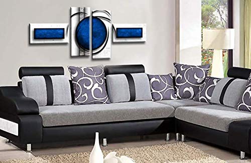 LR Blue Abstract Wall Art Picture Red Black White Stripes Circles Framed Split Panel Print Ready to Hang