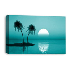 LR Sunset Beach Wall Art Picture – Teal Seascape Framed 4 Panel Split Canvas Print | Ready to Hang | Modern Wall Art for Living Room, Bedroom & Office